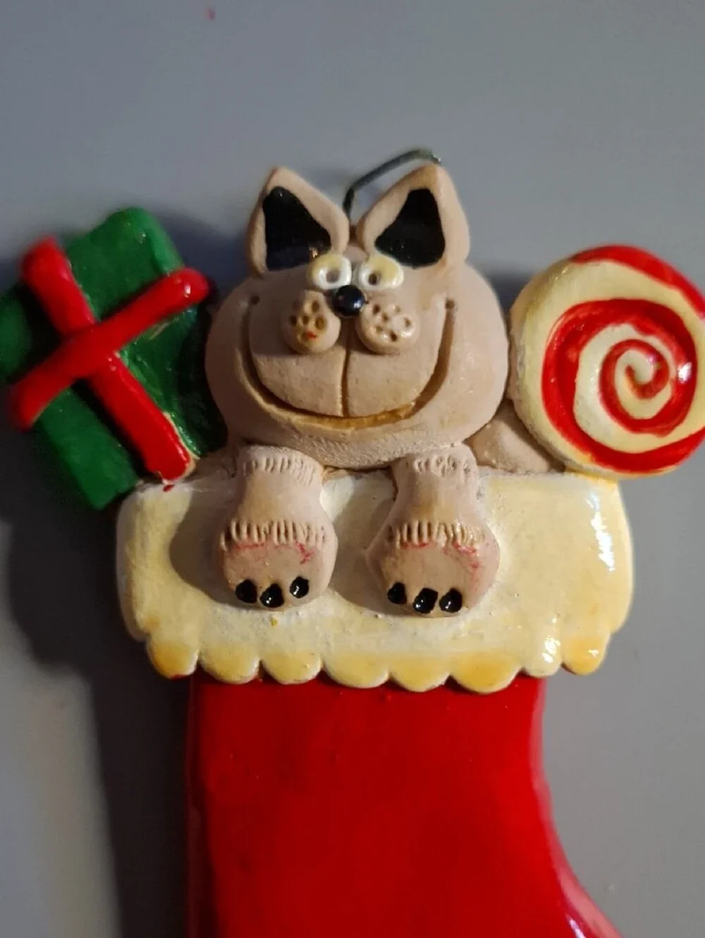 Handcrafted Red Christmas Stocking Ornament with Cat and Candy Accent